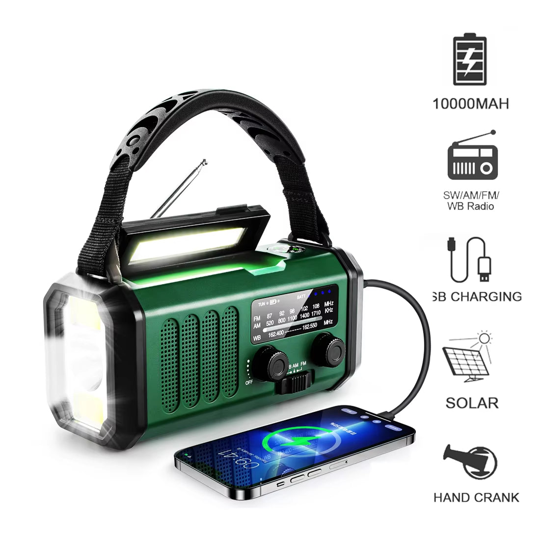 Title: AlertWavi Emergency Weather Radio - 10,000mAh Power Bank, NOAA Weather Alert, Solar/Hand Crank/USB-C Charging, 300 Lumen Flashlight & SOS Alarm
