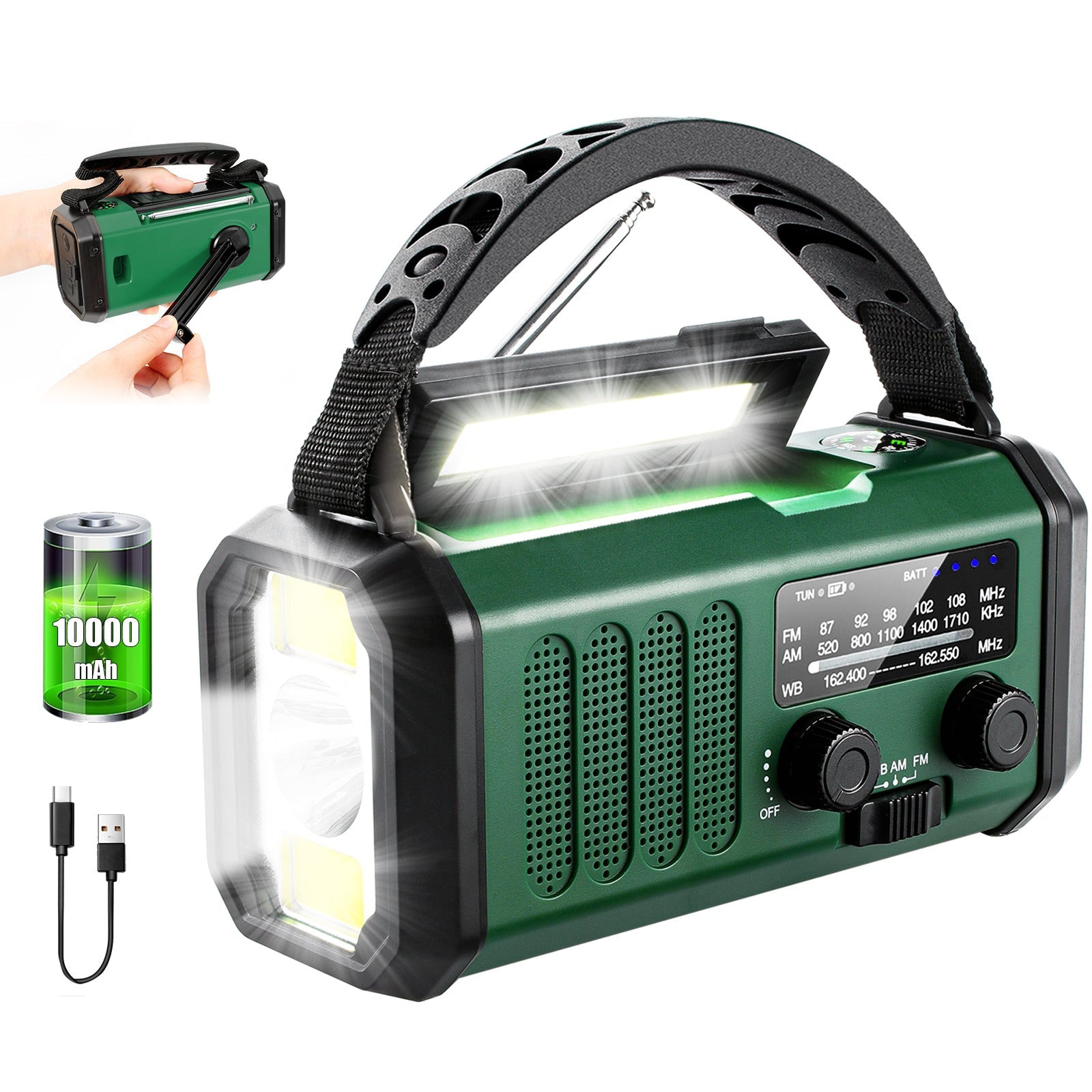 Title: AlertWavi Emergency Weather Radio - 10,000mAh Power Bank, NOAA Weather Alert, Solar/Hand Crank/USB-C Charging, 300 Lumen Flashlight & SOS Alarm