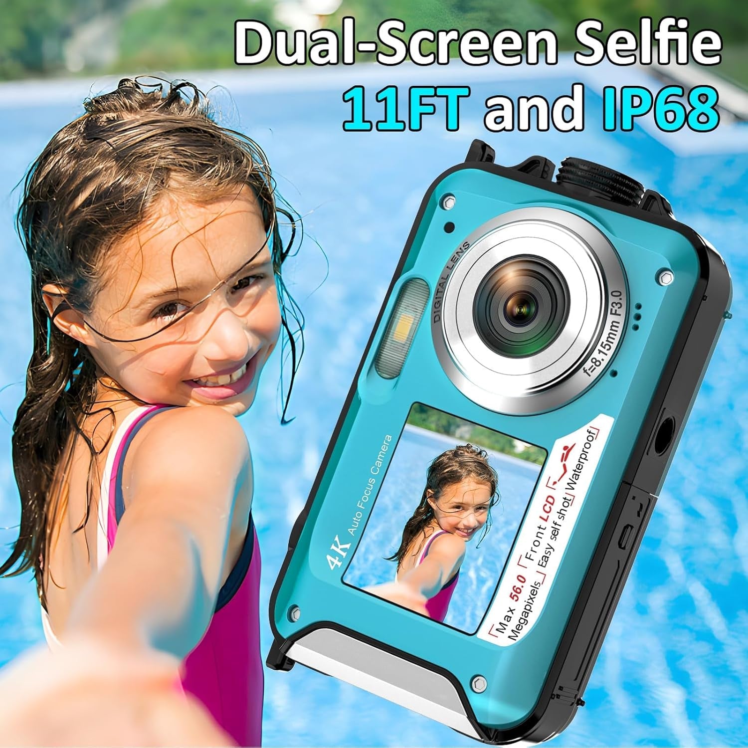 ShotCorix Waterproof Digital Camera 56MP 4K UHD Dual Screen 11FT Underwater Selfie Cam