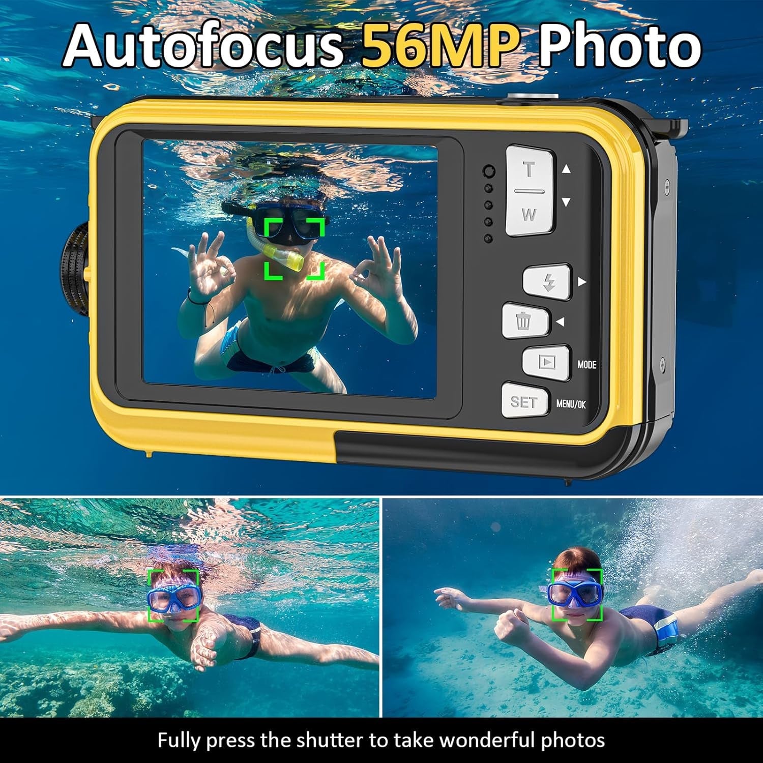 ShotCorix Waterproof Digital Camera 56MP 4K UHD Dual Screen 11FT Underwater Selfie Cam