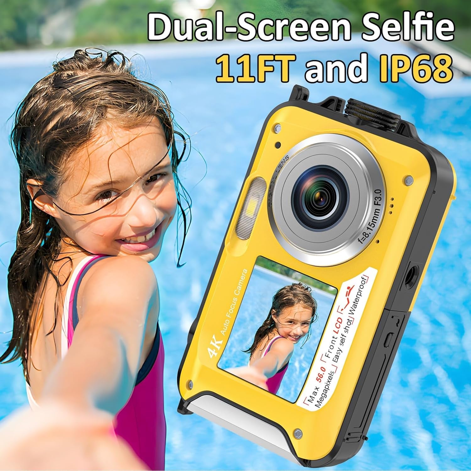 ShotCorix Waterproof Digital Camera 56MP 4K UHD Dual Screen 11FT Underwater Selfie Cam