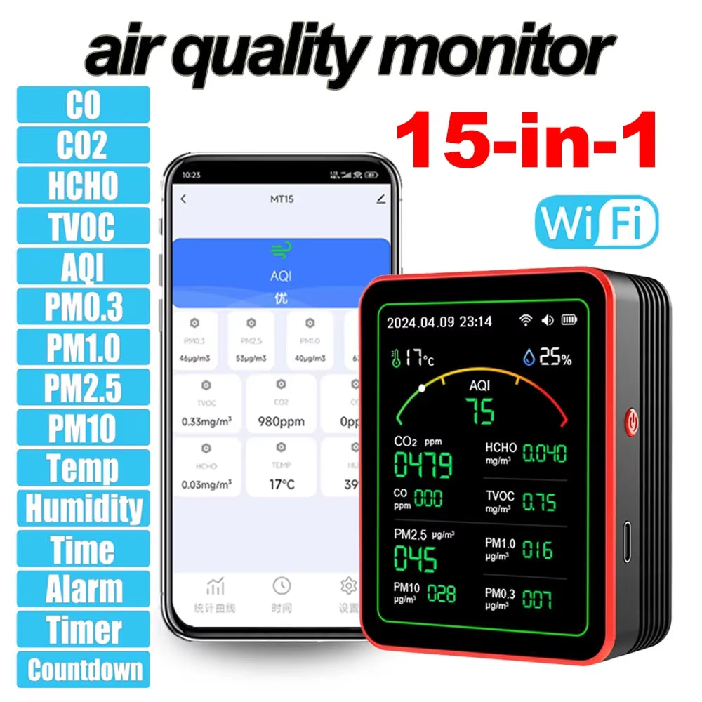 AtmoxAir Air Quality Monitor - 15-in-1 Indoor Pollution Detector, WiFi App Control with NDIR CO2 Sensor, 2.8