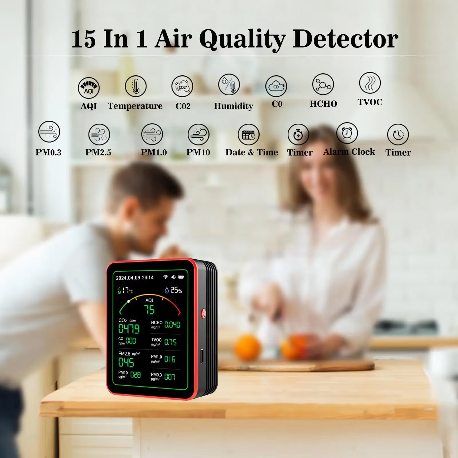 AtmoxAir Air Quality Monitor - 15-in-1 Indoor Pollution Detector, WiFi App Control with NDIR CO2 Sensor, 2.8