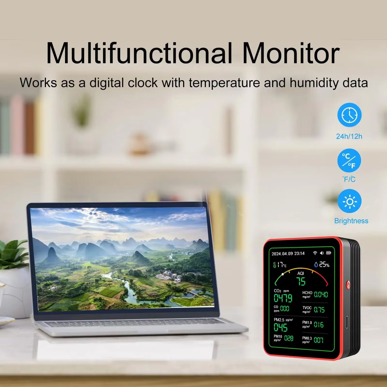 AtmoxAir Air Quality Monitor - 15-in-1 Indoor Pollution Detector, WiFi App Control with NDIR CO2 Sensor, 2.8