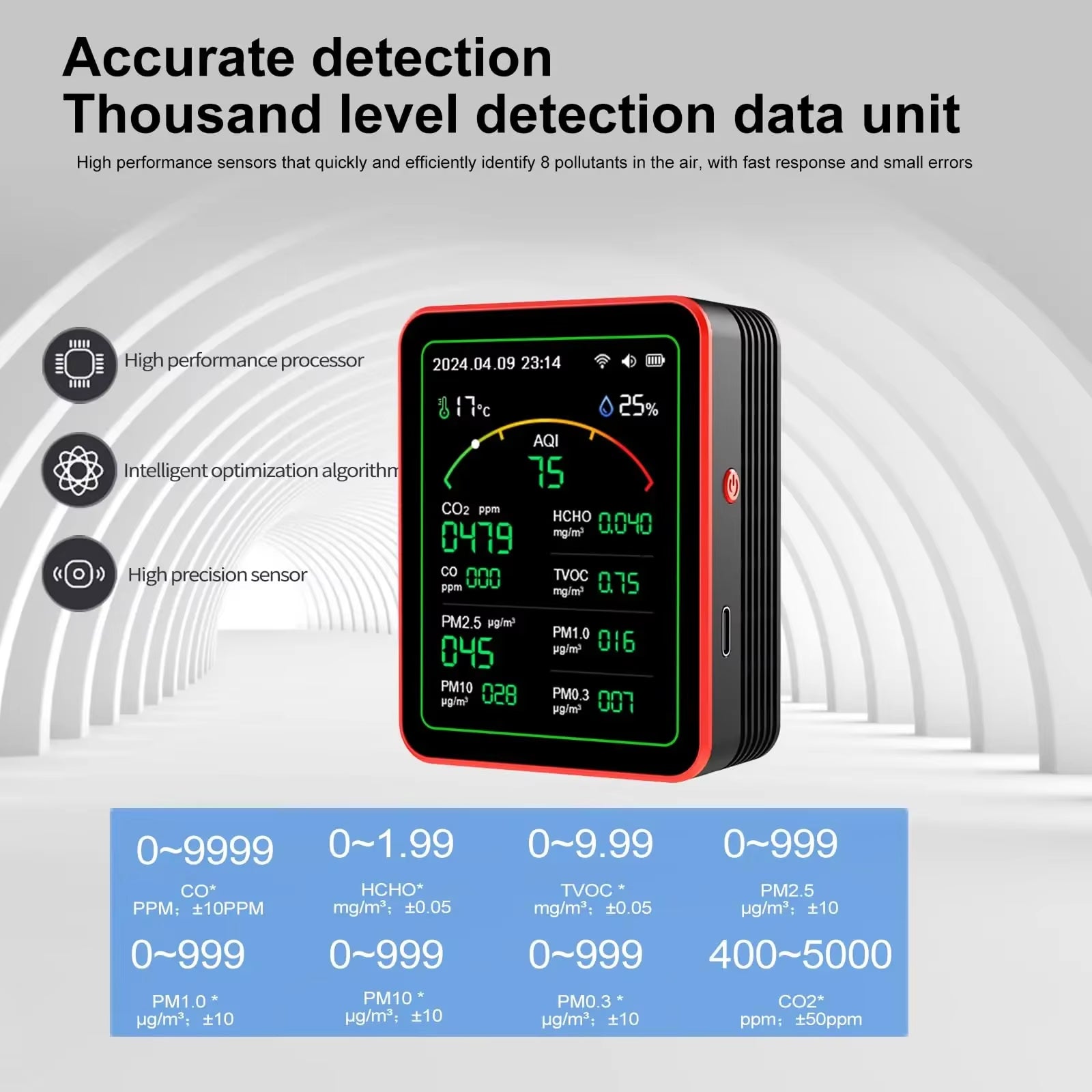 AtmoxAir Air Quality Monitor - 15-in-1 Indoor Pollution Detector, WiFi App Control with NDIR CO2 Sensor, 2.8