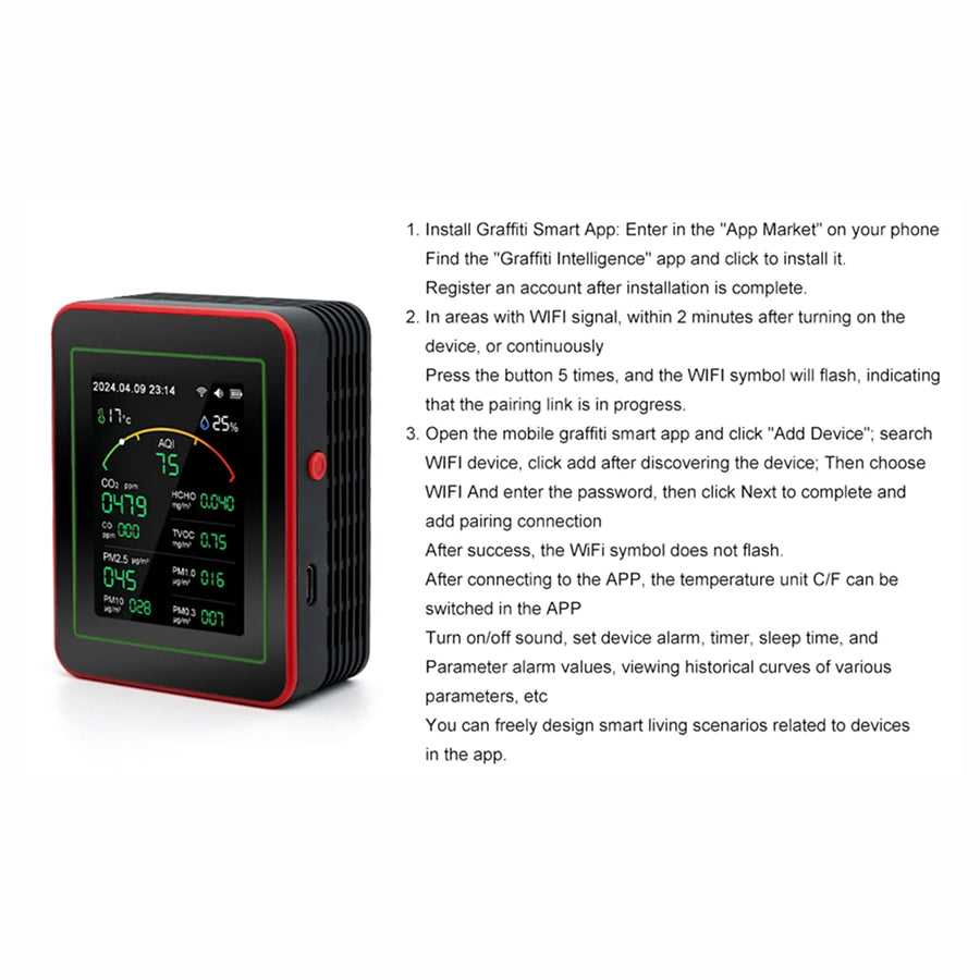 AtmoxAir Air Quality Monitor - 15-in-1 Indoor Pollution Detector, WiFi App Control with NDIR CO2 Sensor, 2.8