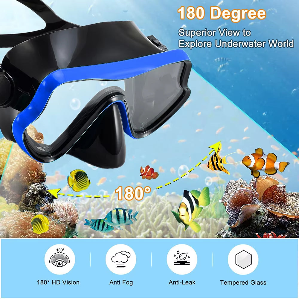 BlicMask 3-in-1 Panoramic Snorkel Set with 180° Anti-Fog Tempered Glass Mask, Dry-Top Snorkel, and Travel-Ready Short Fins