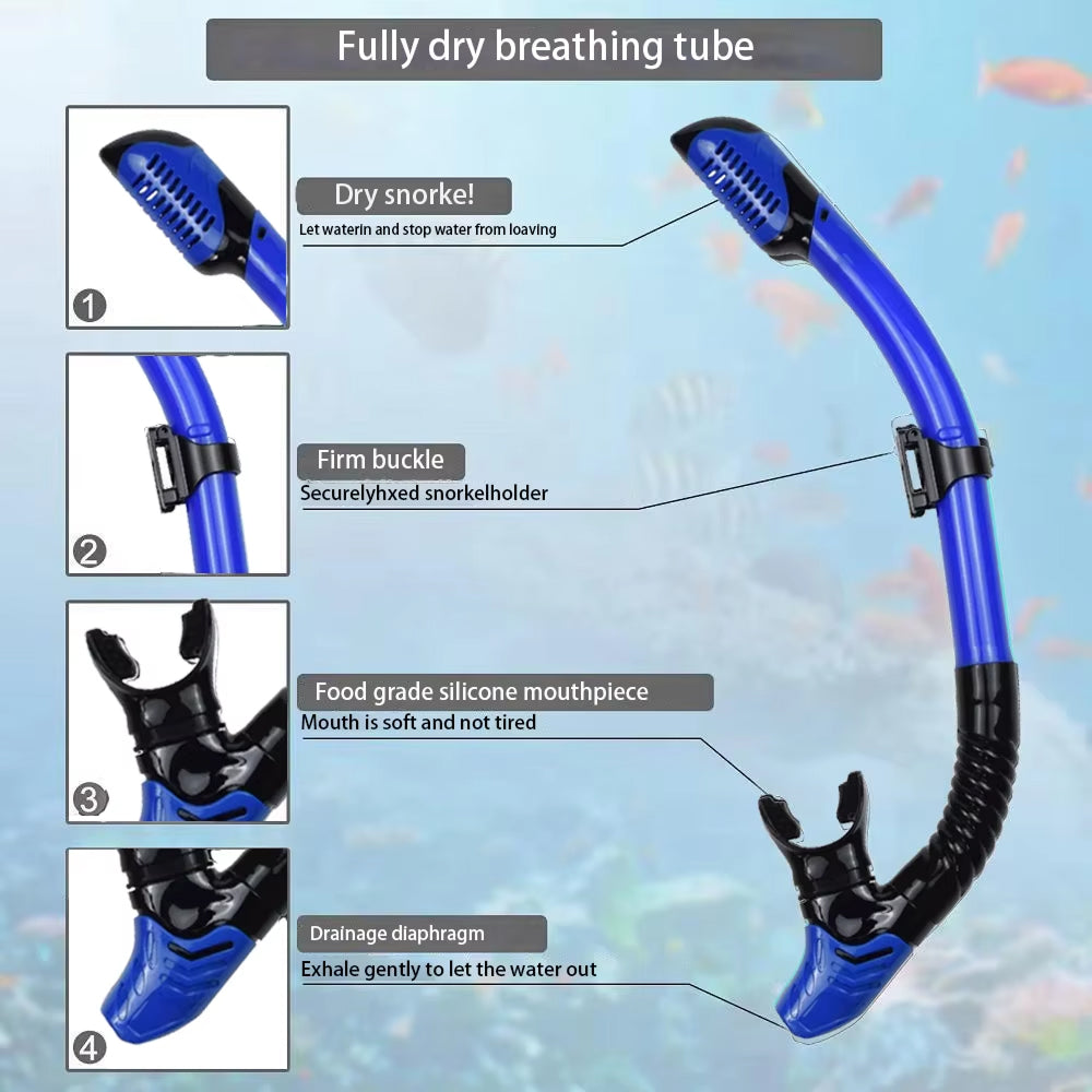 BlicMask 3-in-1 Panoramic Snorkel Set with 180° Anti-Fog Tempered Glass Mask, Dry-Top Snorkel, and Travel-Ready Short Fins