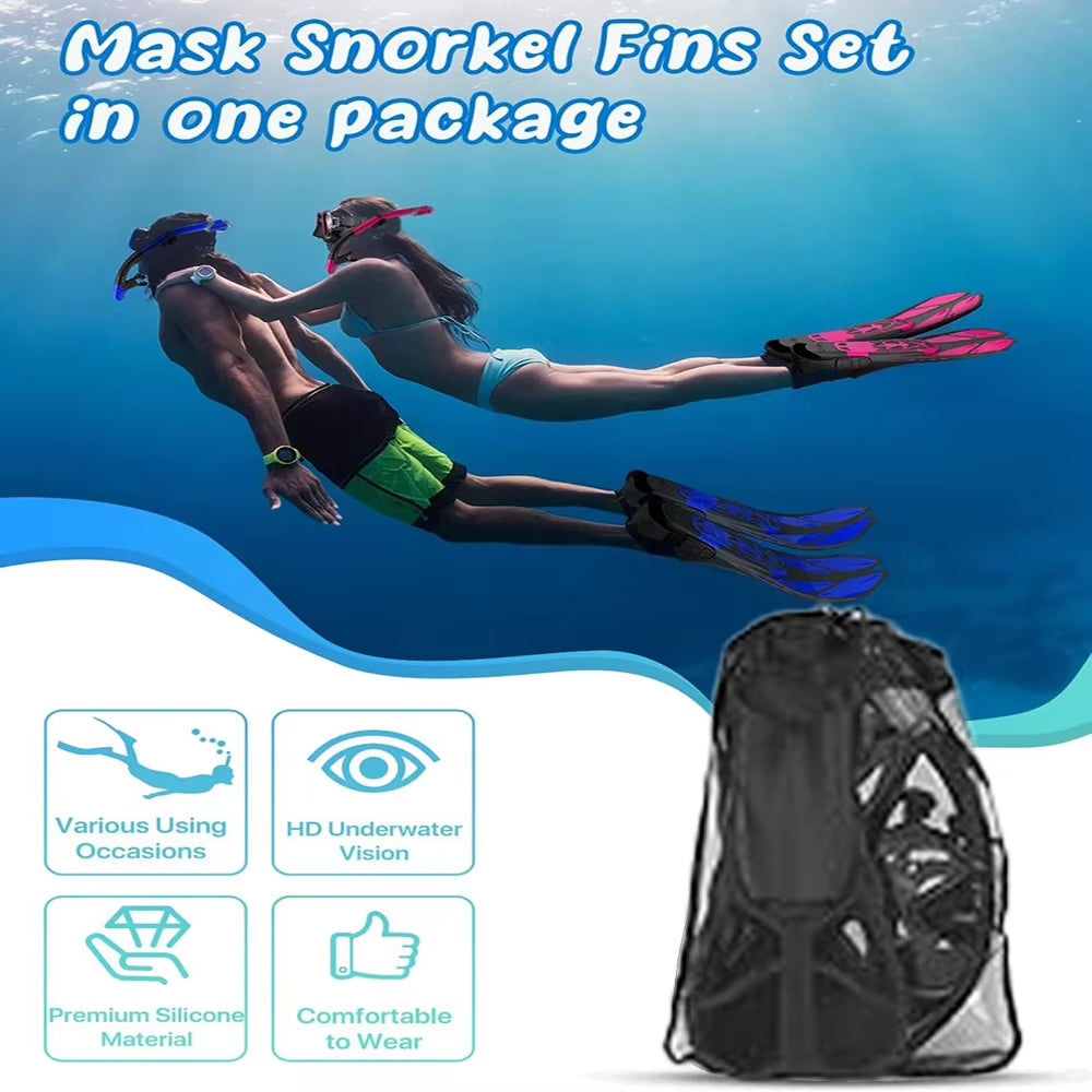 BlicMask 3-in-1 Panoramic Snorkel Set with 180° Anti-Fog Tempered Glass Mask, Dry-Top Snorkel, and Travel-Ready Short Fins