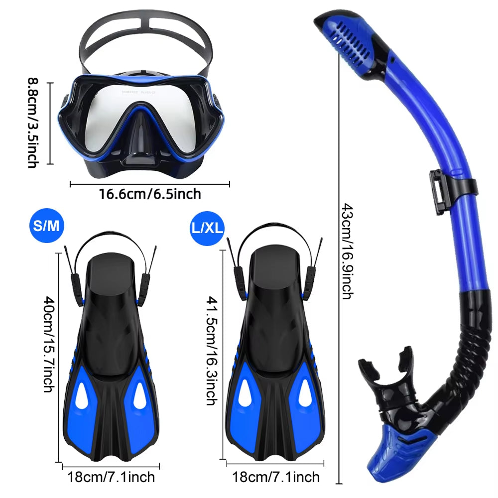 BlicMask 3-in-1 Panoramic Snorkel Set with 180° Anti-Fog Tempered Glass Mask, Dry-Top Snorkel, and Travel-Ready Short Fins