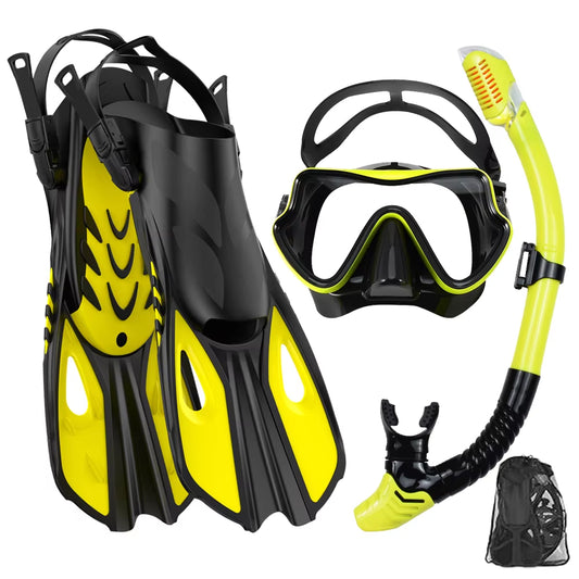 BlicMask 3-in-1 Panoramic Snorkel Set with 180° Anti-Fog Tempered Glass Mask, Dry-Top Snorkel, and Travel-Ready Short Fins