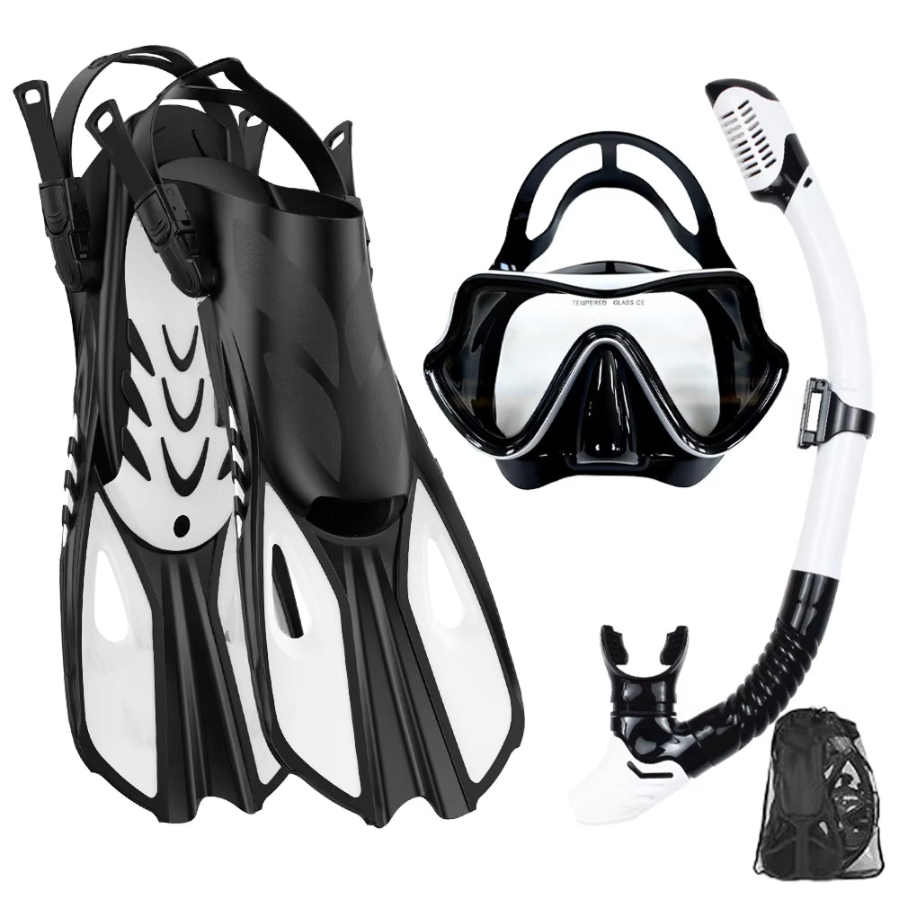 BlicMask 3-in-1 Panoramic Snorkel Set with 180° Anti-Fog Tempered Glass Mask, Dry-Top Snorkel, and Travel-Ready Short Fins