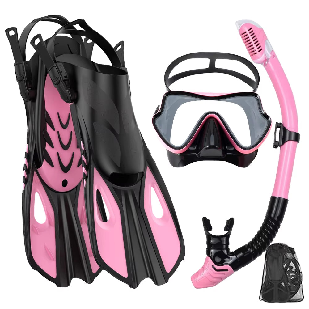 BlicMask 3-in-1 Panoramic Snorkel Set with 180° Anti-Fog Tempered Glass Mask, Dry-Top Snorkel, and Travel-Ready Short Fins