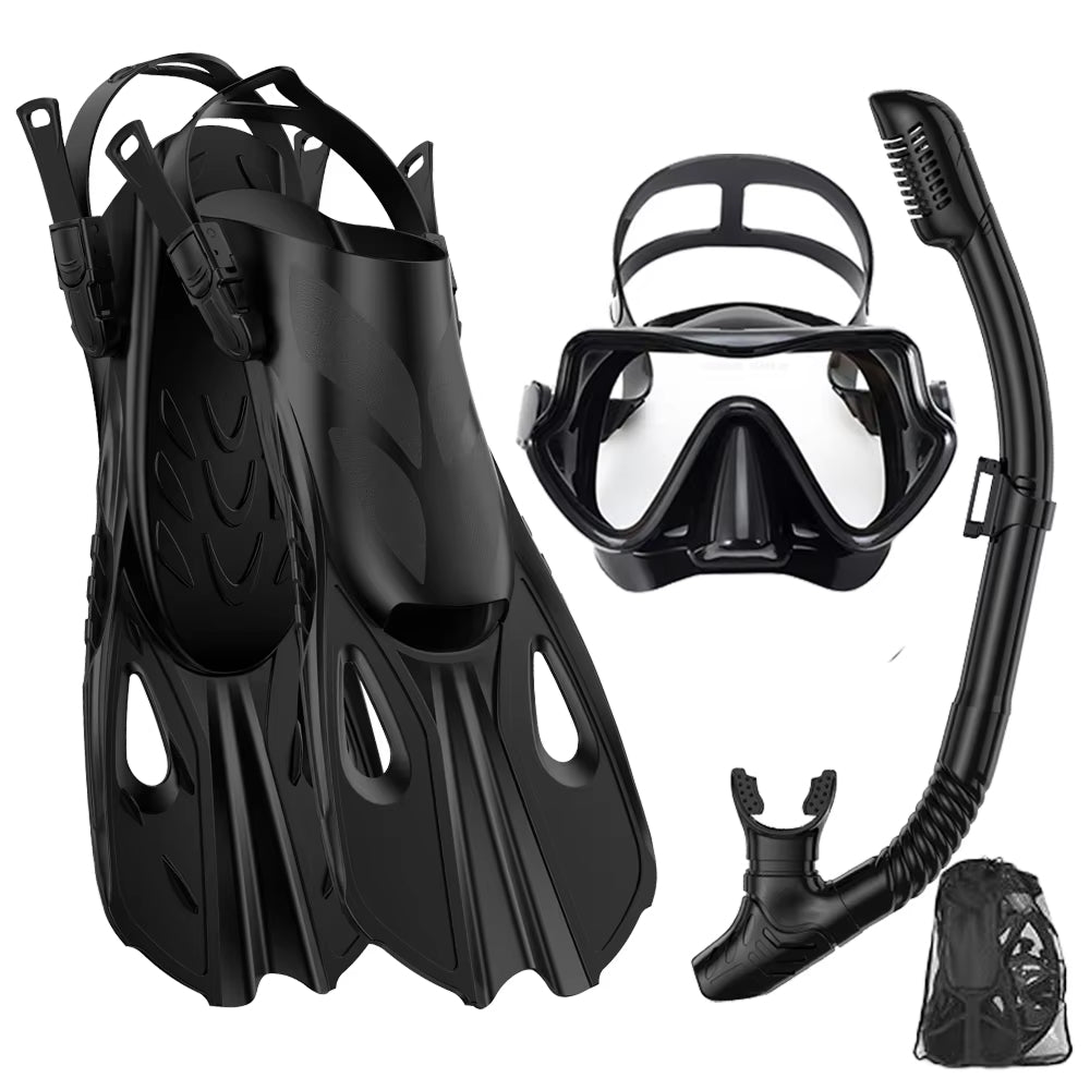 BlicMask 3-in-1 Panoramic Snorkel Set with 180° Anti-Fog Tempered Glass Mask, Dry-Top Snorkel, and Travel-Ready Short Fins