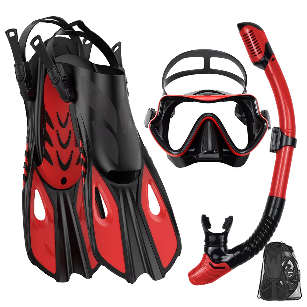 BlicMask 3-in-1 Panoramic Snorkel Set with 180° Anti-Fog Tempered Glass Mask, Dry-Top Snorkel, and Travel-Ready Short Fins
