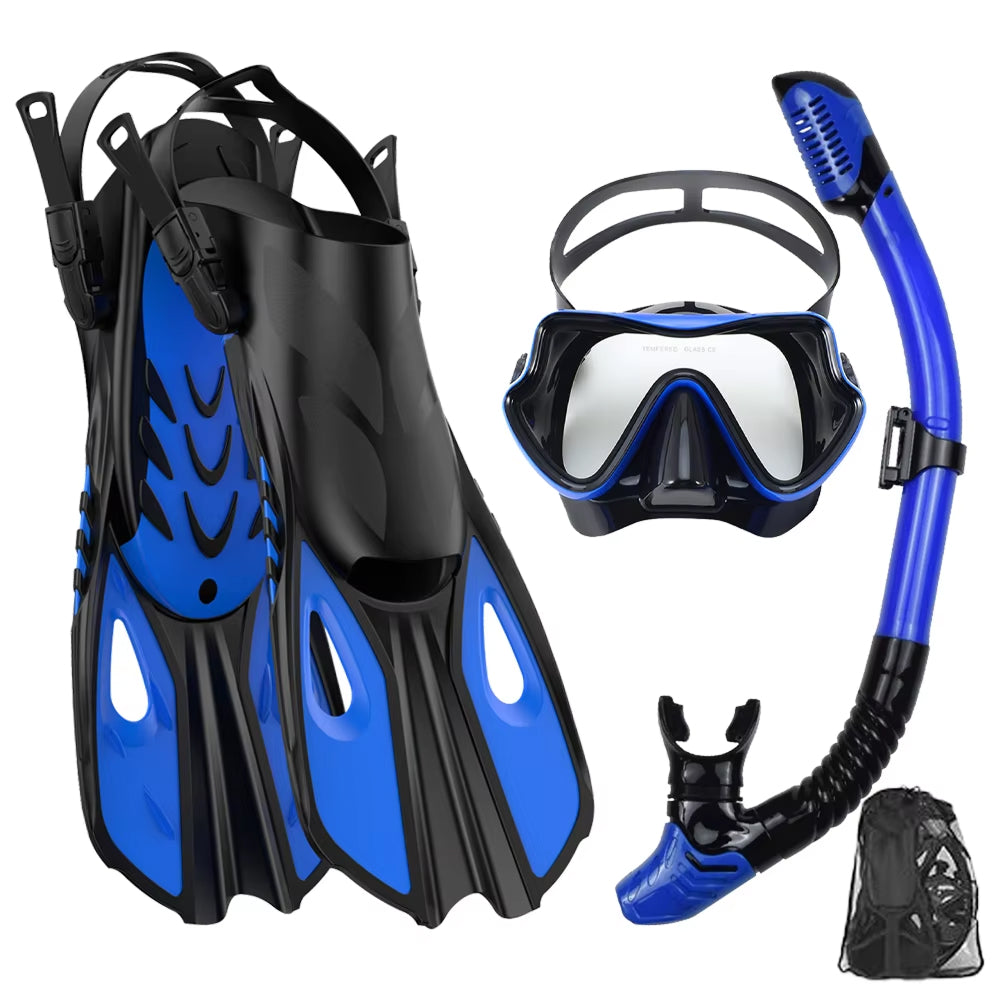 BlicMask 3-in-1 Panoramic Snorkel Set with 180° Anti-Fog Tempered Glass Mask, Dry-Top Snorkel, and Travel-Ready Short Fins