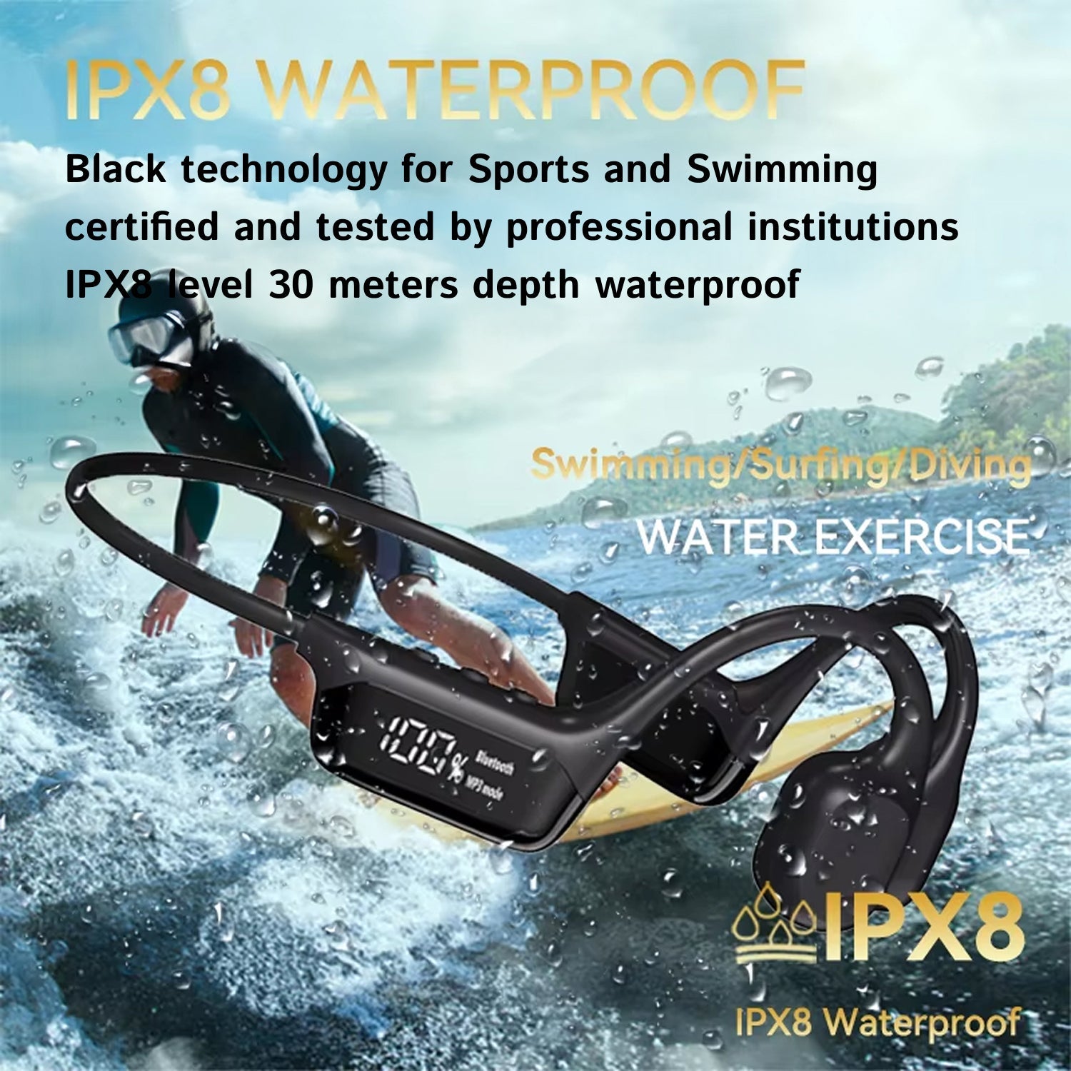BoneOssi IPX8 Waterproof Swimming Headphones 32GB MP3 Bone Conduction Bluetooth 5.4