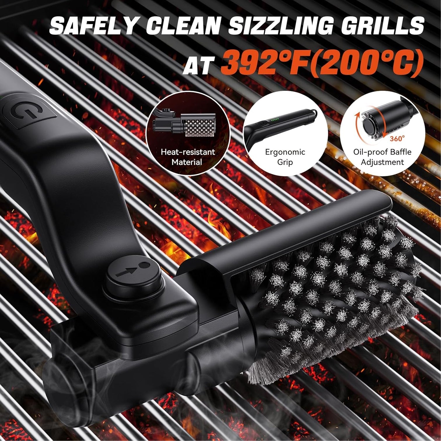 BruxMixi Electric Grill Brush 8-Angle Adjustable Head with 400 RPM 3-Speed Motor and IPX7 Waterproof Design