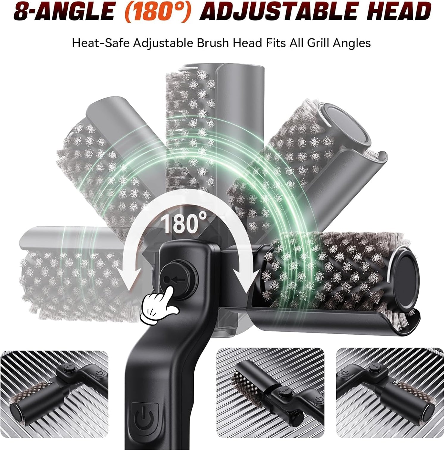 BruxMixi Electric Grill Brush 8-Angle Adjustable Head with 400 RPM 3-Speed Motor and IPX7 Waterproof Design