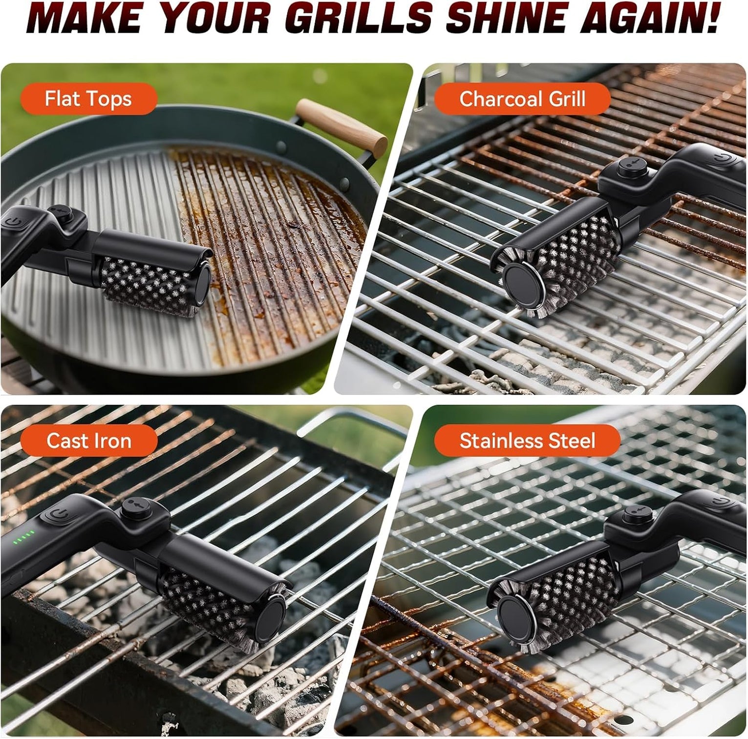 BruxMixi Electric Grill Brush 8-Angle Adjustable Head with 400 RPM 3-Speed Motor and IPX7 Waterproof Design
