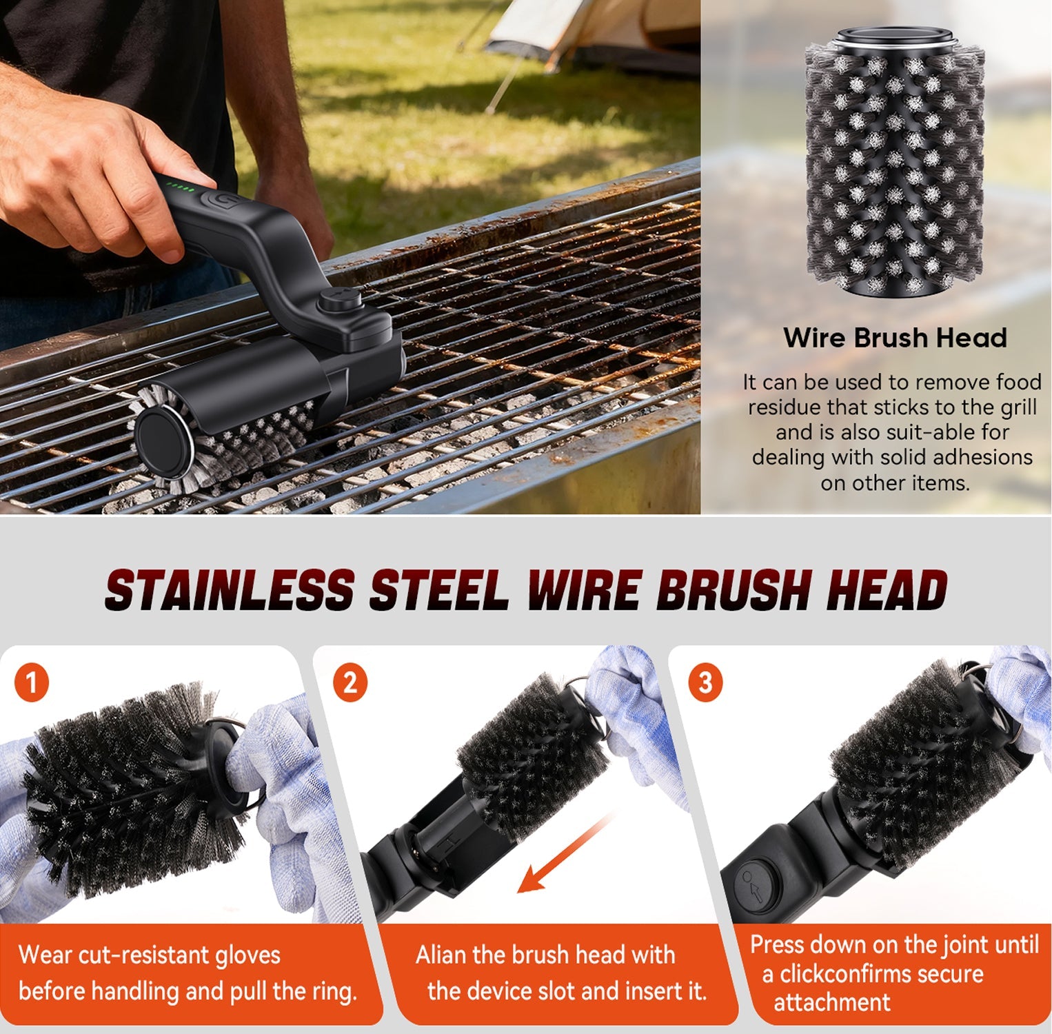 BruxMixi Electric Grill Brush 8-Angle Adjustable Head with 400 RPM 3-Speed Motor and IPX7 Waterproof Design