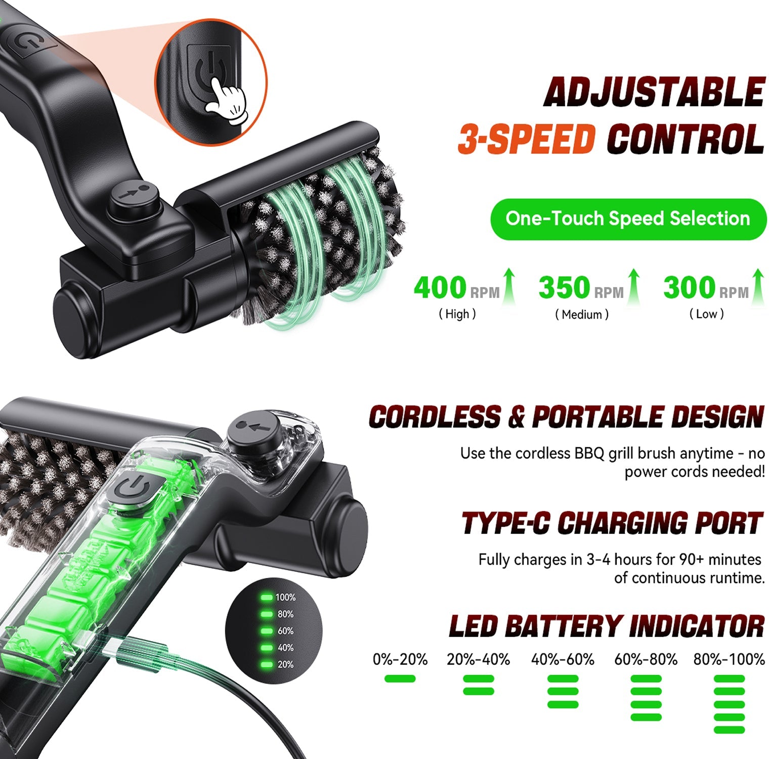 BruxMixi Electric Grill Brush 8-Angle Adjustable Head with 400 RPM 3-Speed Motor and IPX7 Waterproof Design