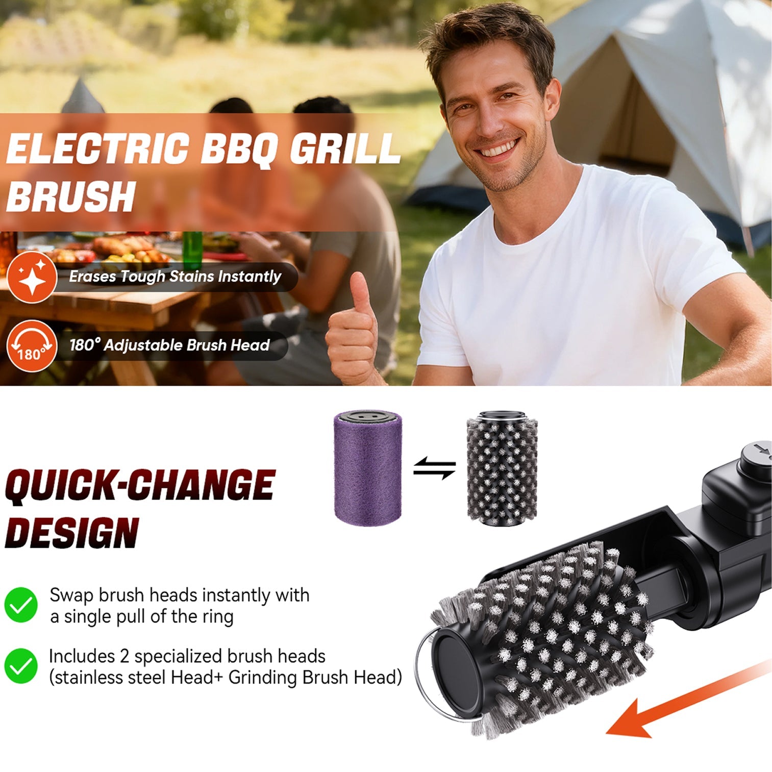 BruxMixi Electric Grill Brush 8-Angle Adjustable Head with 400 RPM 3-Speed Motor and IPX7 Waterproof Design