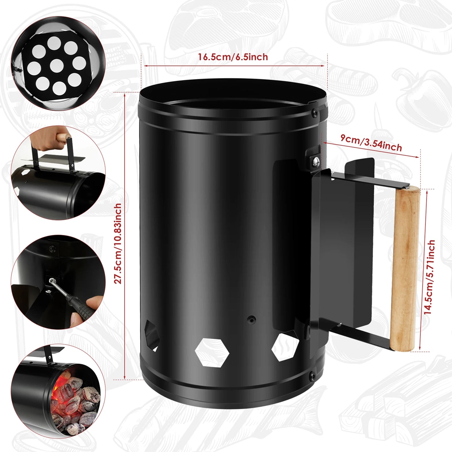 66 Large Capacity Charcoal Chimney Starter, Quick Light No Lighter Fluid Required