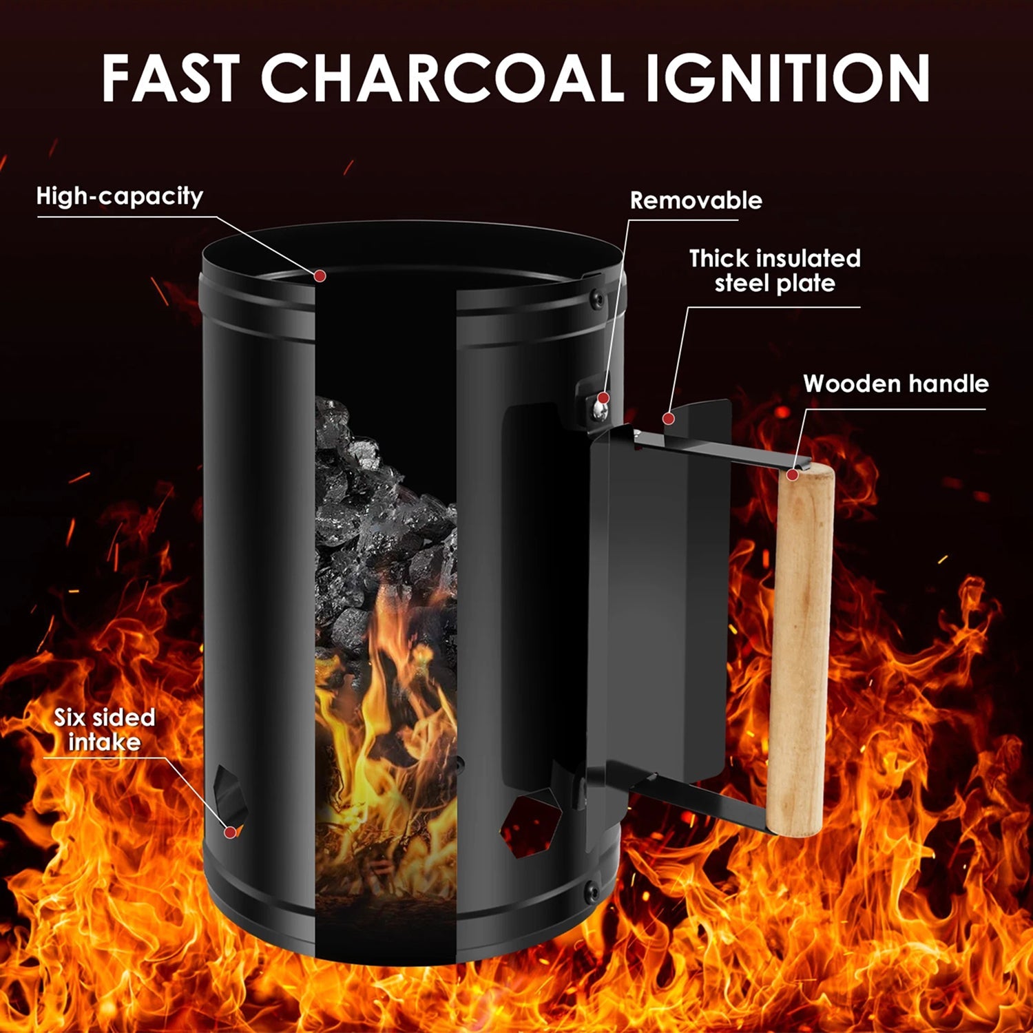 66 Large Capacity Charcoal Chimney Starter, Quick Light No Lighter Fluid Required