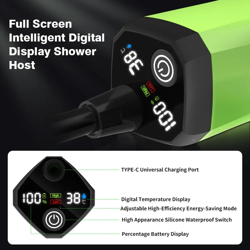 CiShowix Portable Camping Shower 6000mAh Battery USB-C Smart Digital Temperature Display IPX7