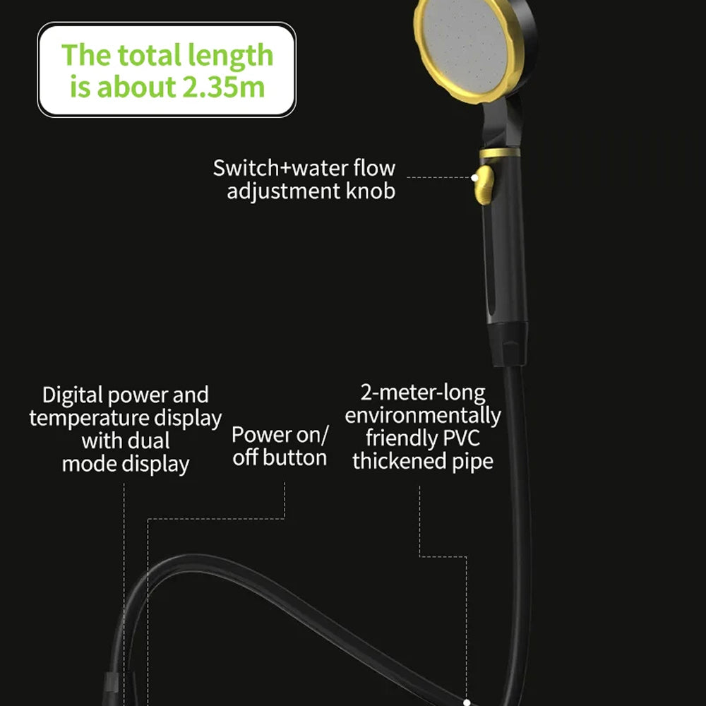CiShowix Portable Camping Shower 6000mAh Battery USB-C Smart Digital Temperature Display IPX7
