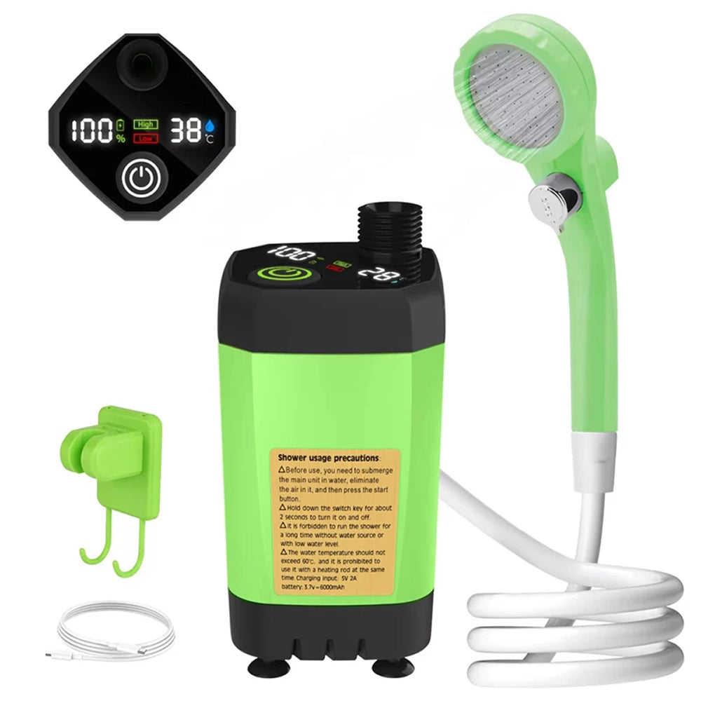 CiShowix Portable Camping Shower 6000mAh Battery USB-C Smart Digital Temperature Display IPX7