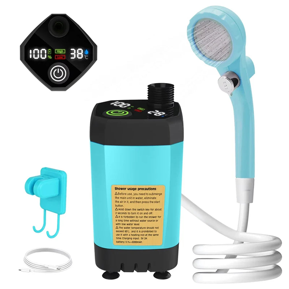 CiShowix Portable Camping Shower 6000mAh Battery USB-C Smart Digital Temperature Display IPX7