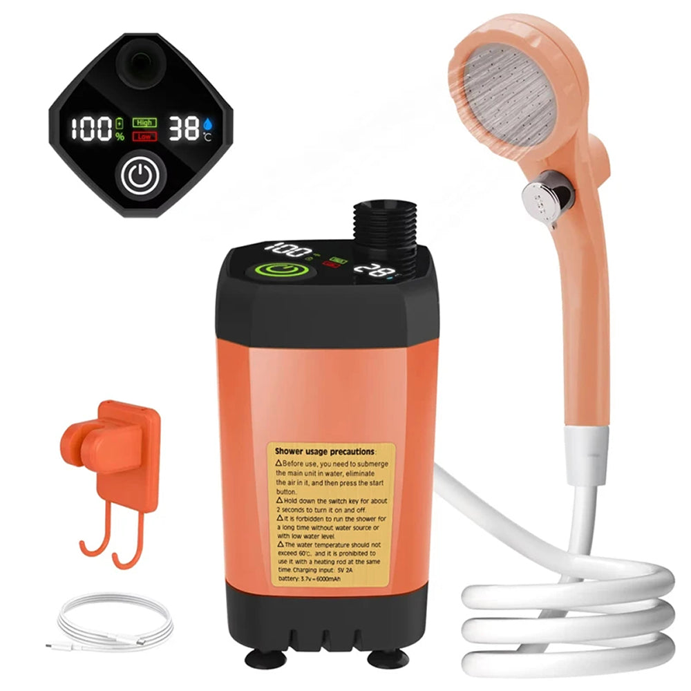 CiShowix Portable Camping Shower 6000mAh Battery USB-C Smart Digital Temperature Display IPX7
