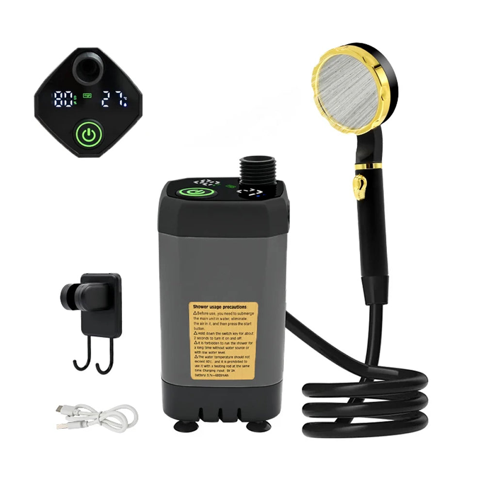CiShowix Portable Camping Shower 6000mAh Battery USB-C Smart Digital Temperature Display IPX7