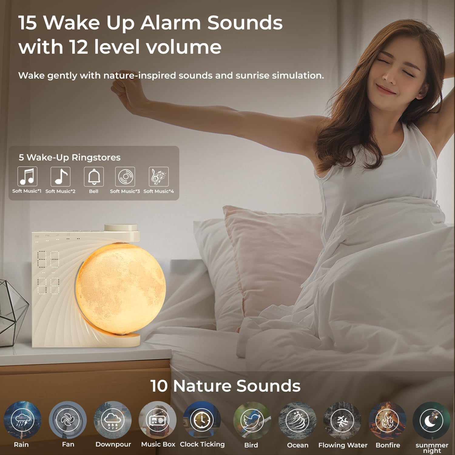 ClockOzi Sunrise Alarm Clock with 15 Nature Sounds, Gradual 10-Min Simulation and 10-Color Moon Lamp