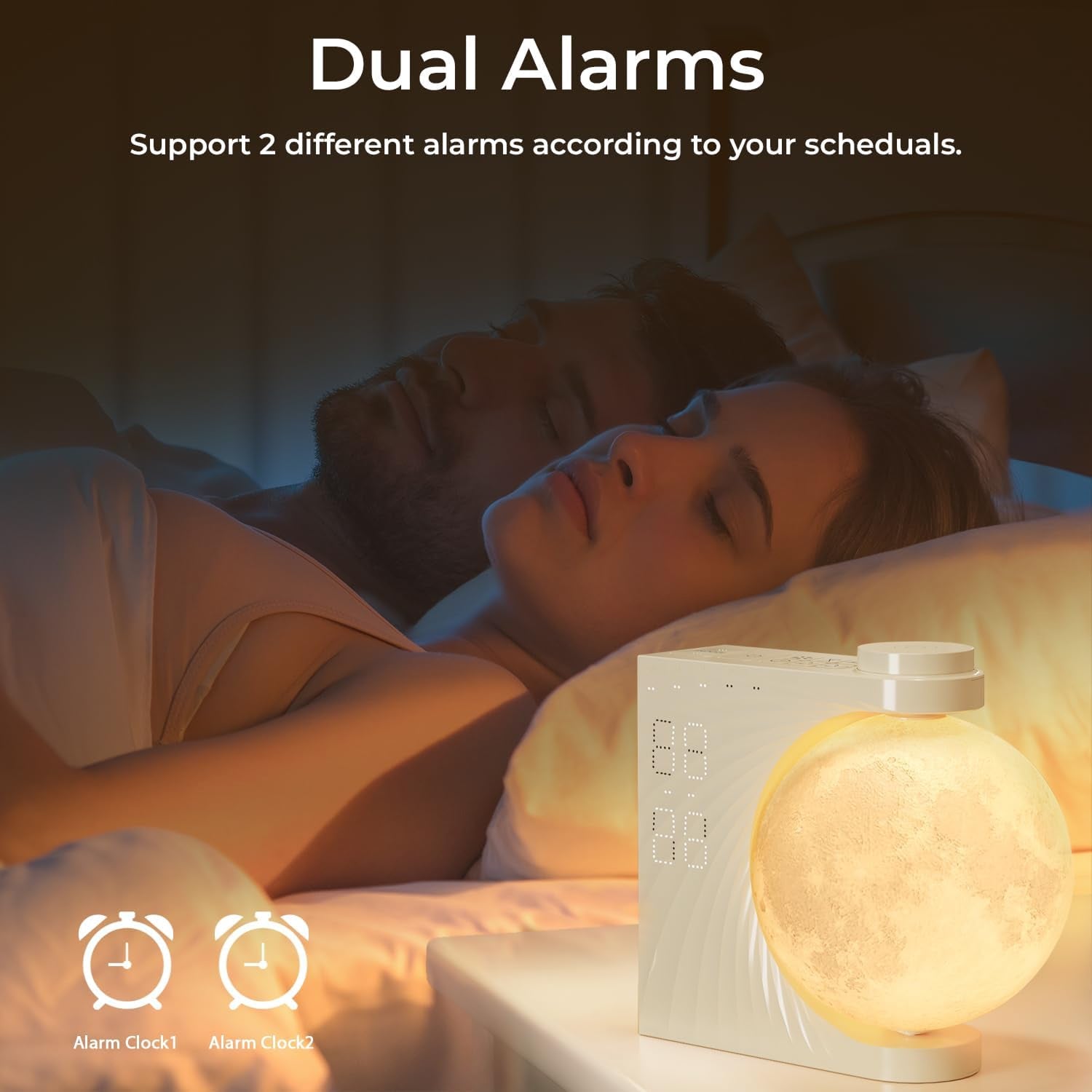 ClockOzi Sunrise Alarm Clock with 15 Nature Sounds, Gradual 10-Min Simulation and 10-Color Moon Lamp