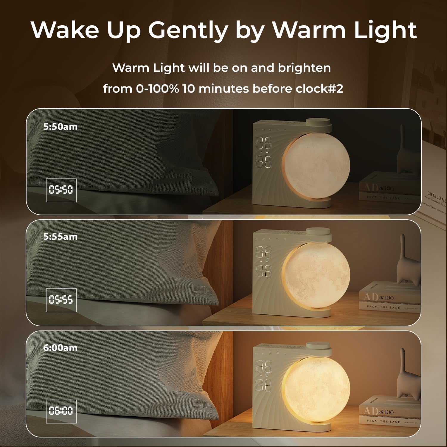 ClockOzi Sunrise Alarm Clock with 15 Nature Sounds, Gradual 10-Min Simulation and 10-Color Moon Lamp