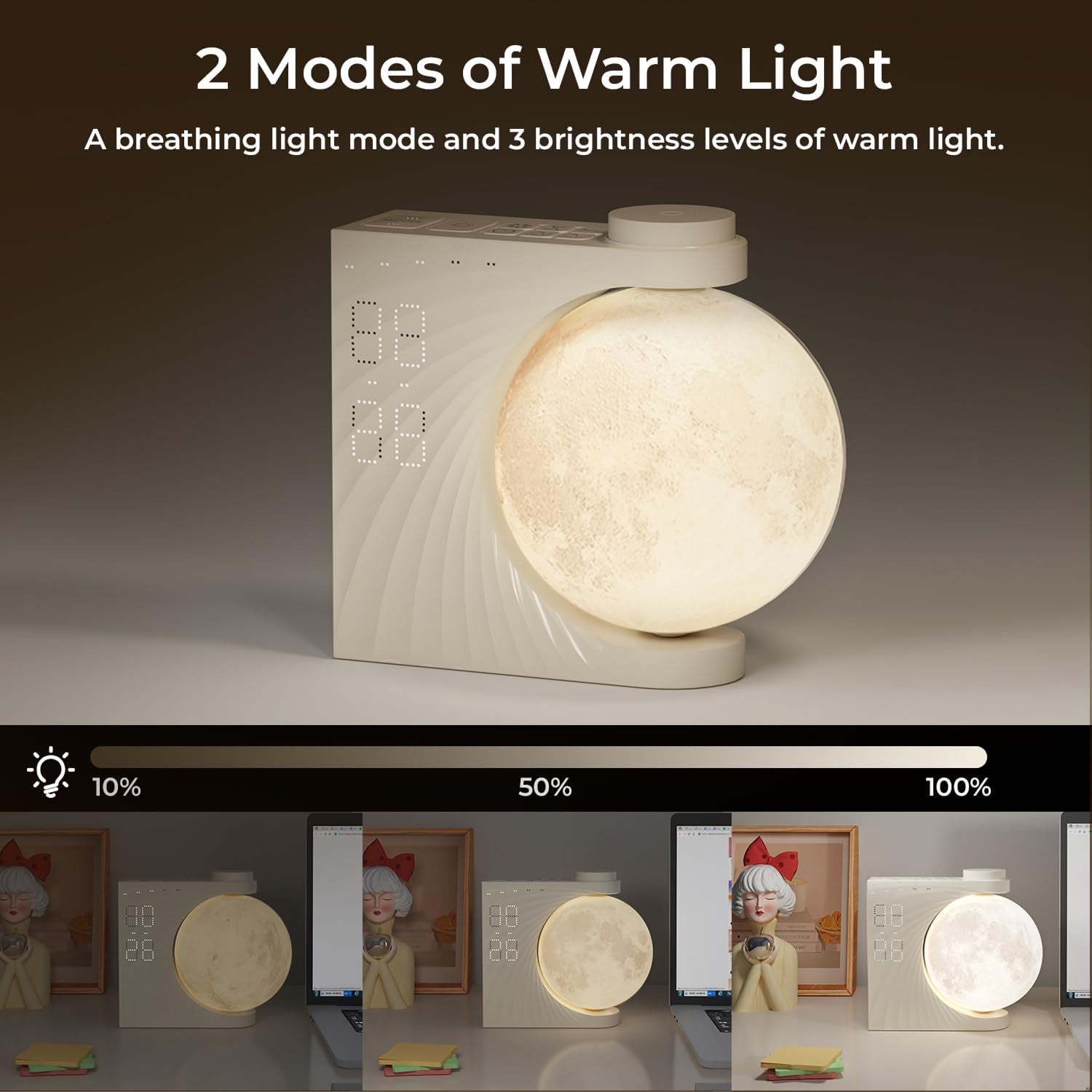 ClockOzi Sunrise Alarm Clock with 15 Nature Sounds, Gradual 10-Min Simulation and 10-Color Moon Lamp