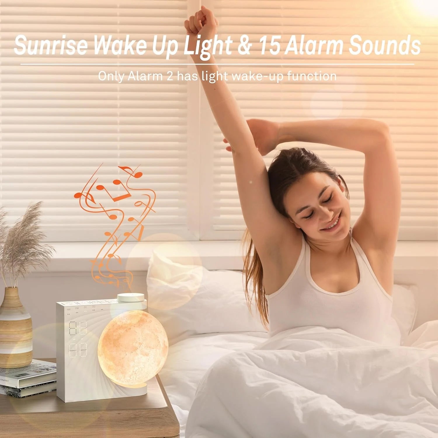 ClockOzi Sunrise Alarm Clock with 15 Nature Sounds, Gradual 10-Min Simulation and 10-Color Moon Lamp