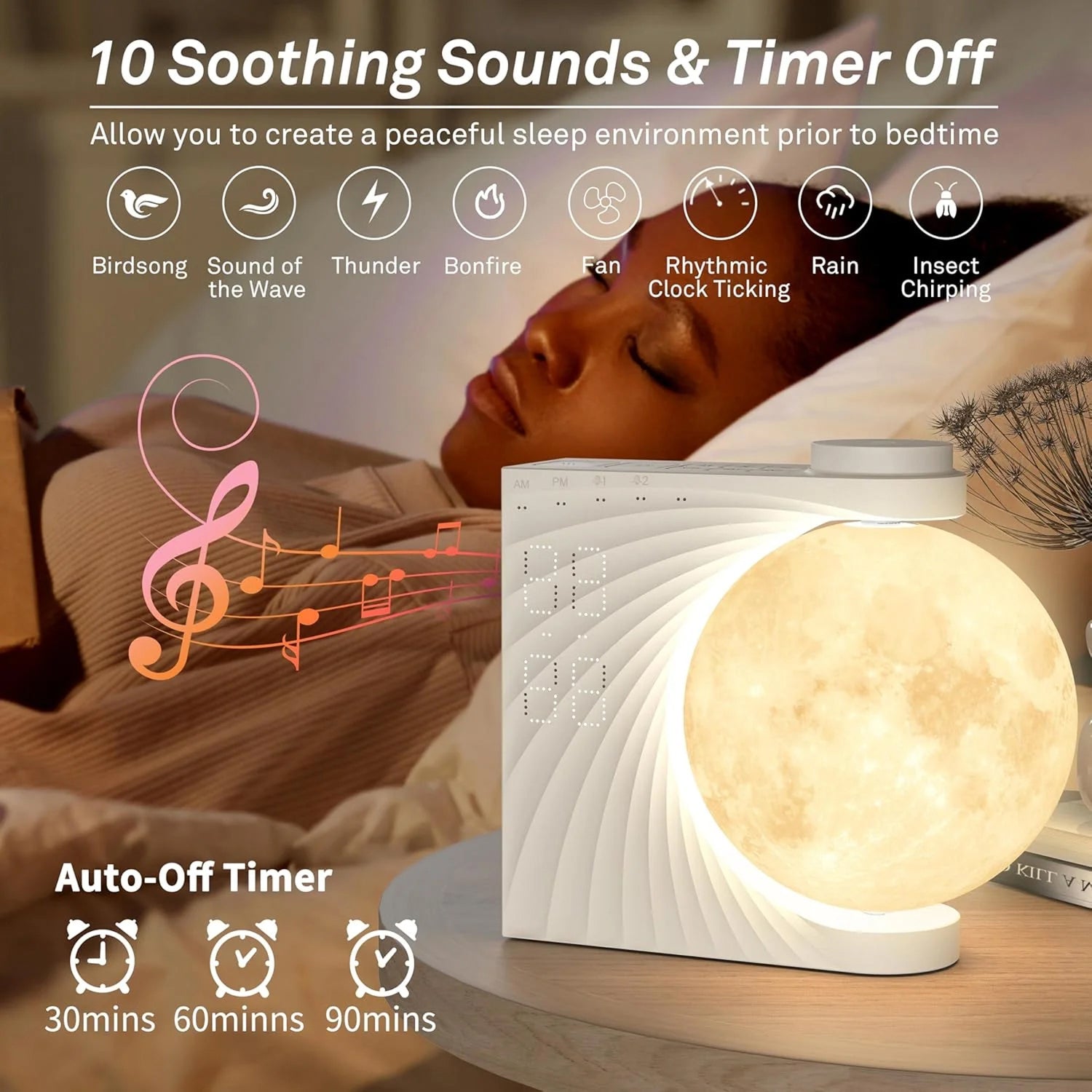 ClockOzi Sunrise Alarm Clock with 15 Nature Sounds, Gradual 10-Min Simulation and 10-Color Moon Lamp