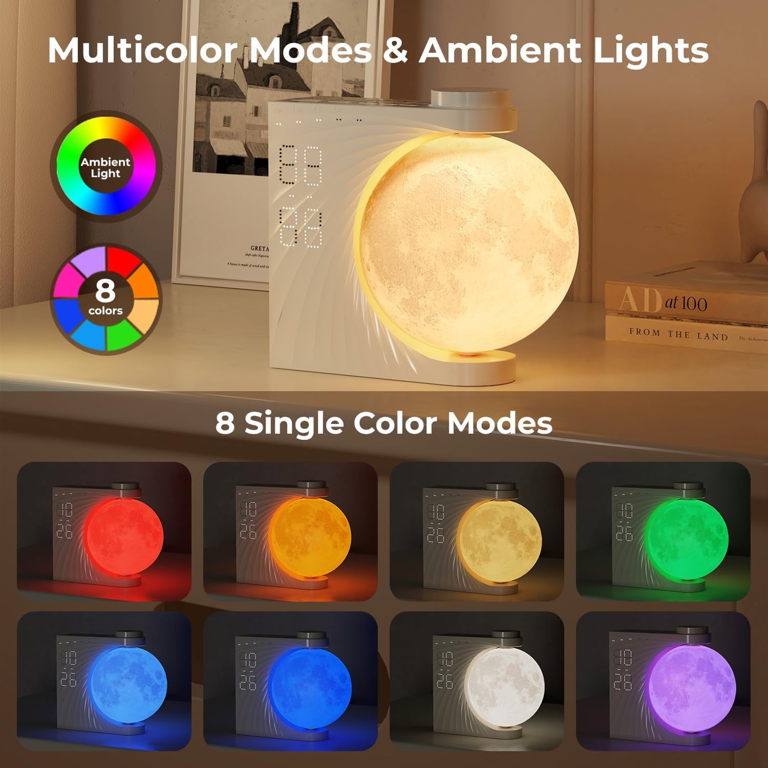 ClockOzi Sunrise Alarm Clock with 15 Nature Sounds, Gradual 10-Min Simulation and 10-Color Moon Lamp