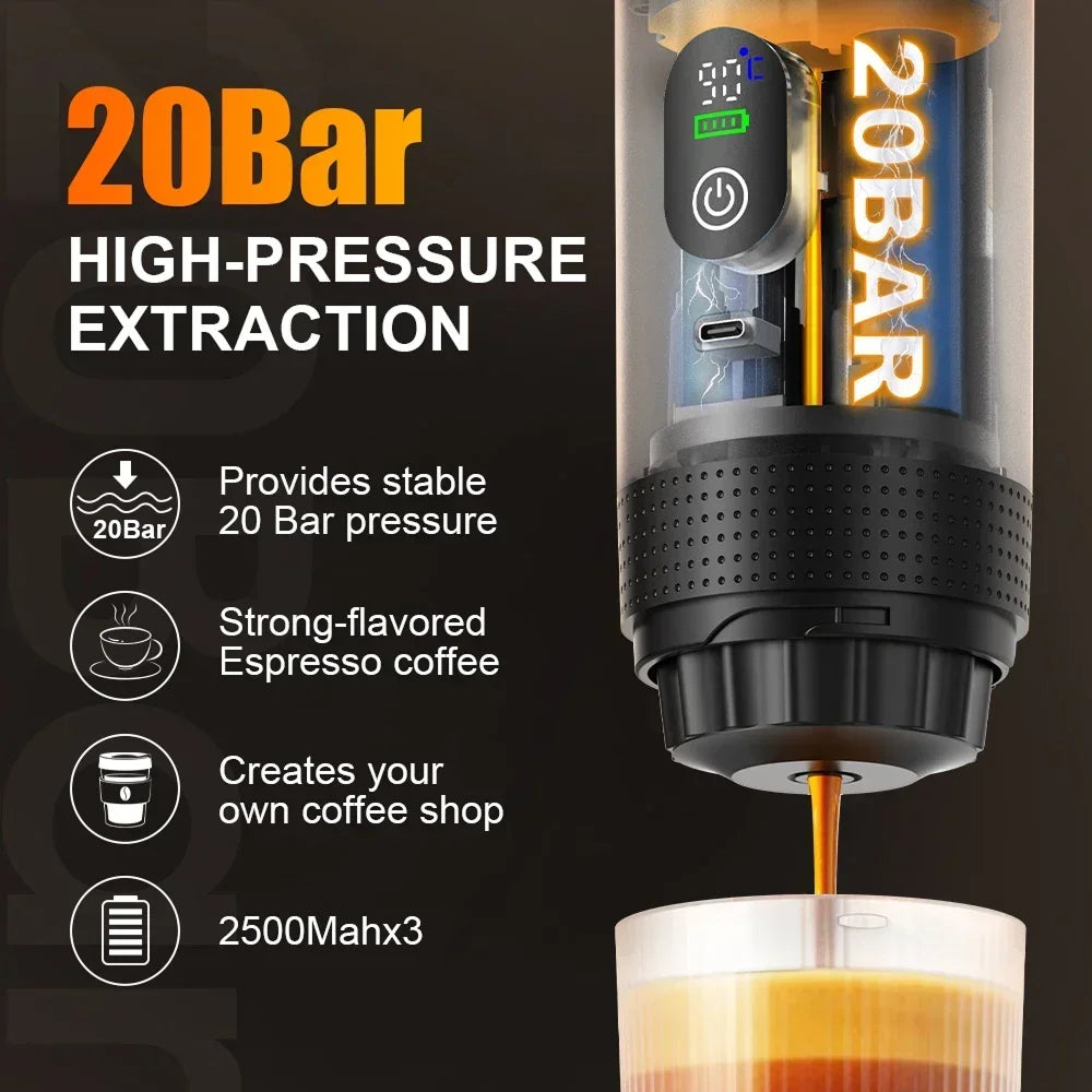 CofiMika Portable Coffee Maker - 20 Bar High-Pressure Espresso Machine with Heating Element, 7500mAh Battery for DG, NS Capsules