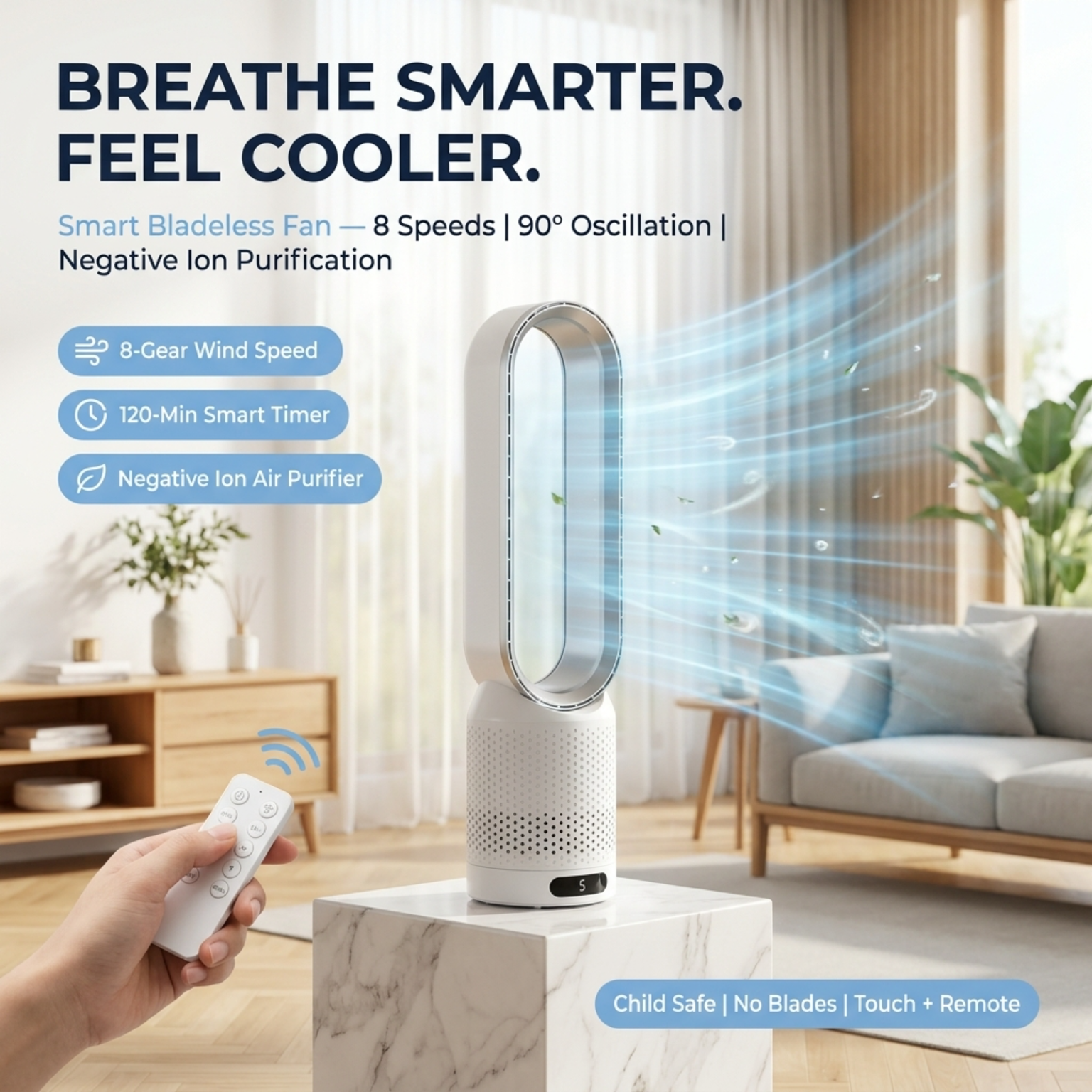 WhisParu Quiet Bladeless Tower Fan with Air Purification