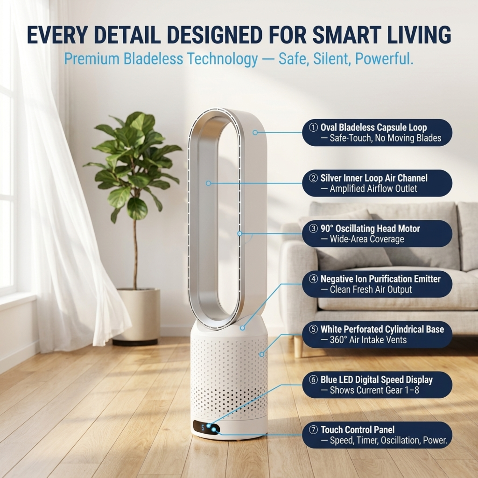 WhisParu Quiet Bladeless Tower Fan with Air Purification