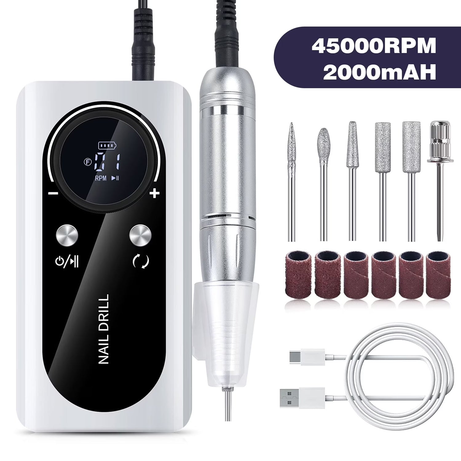 DrilixDox Cordless Nail Drill 45,000 RPM Professional E-File with 2000mAh Battery & 12-Piece Bit Set