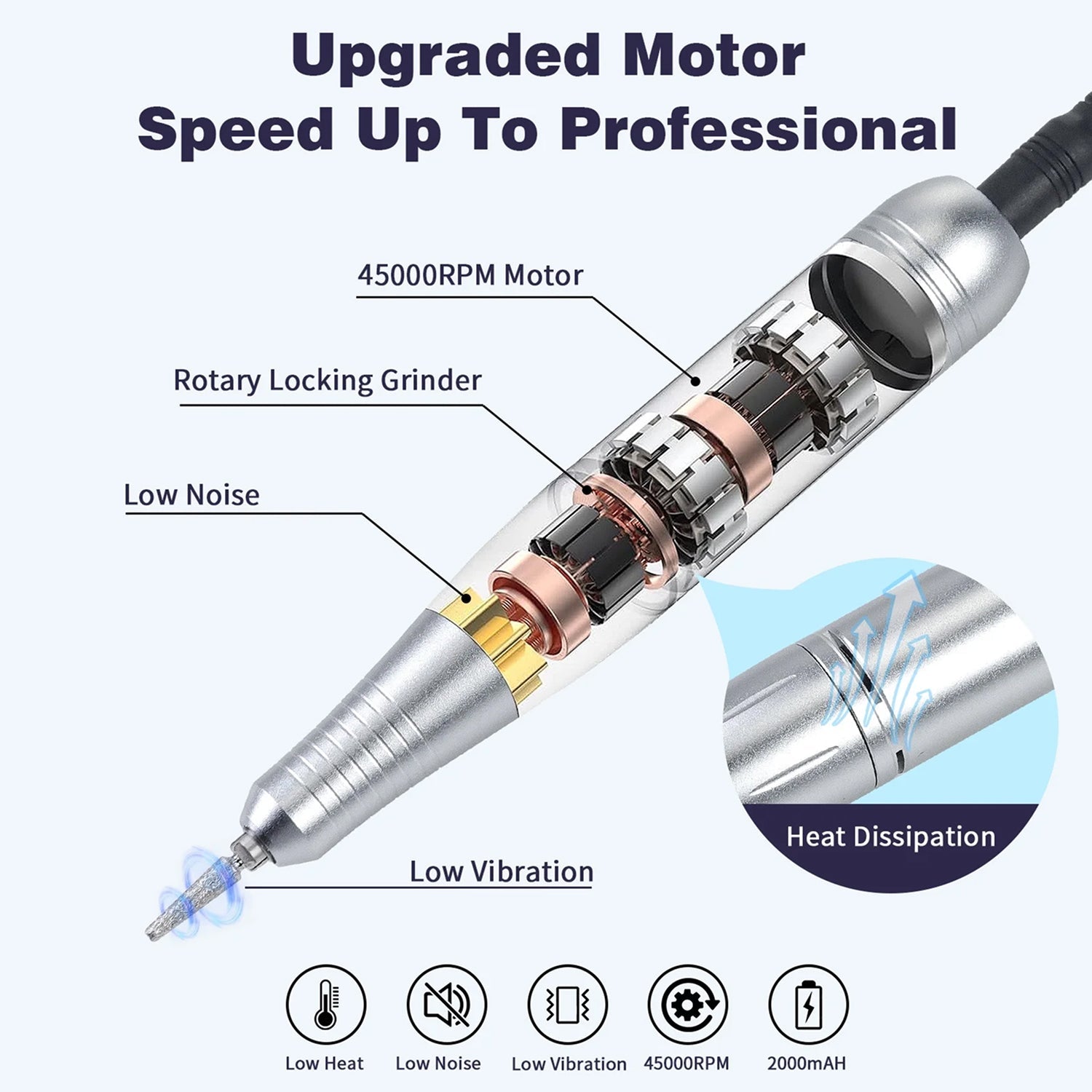 DrilixDox Cordless Nail Drill 45,000 RPM Professional E-File with 2000mAh Battery & 12-Piece Bit Set