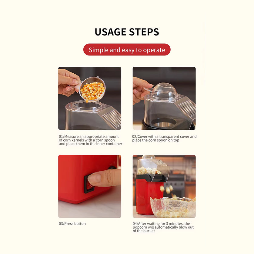 EaziCrisp Hot Air Popcorn Popper - 99% High Efficiency Oil-Free Popcorn Maker, Under 3 Minutes Fast Popping