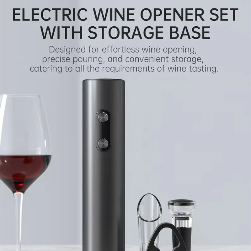 EnziVine 5-Piece Electric Wine Opener Set with 8-Second Rapid Extraction, Vacuum Preserver and Elegant Storage Base
