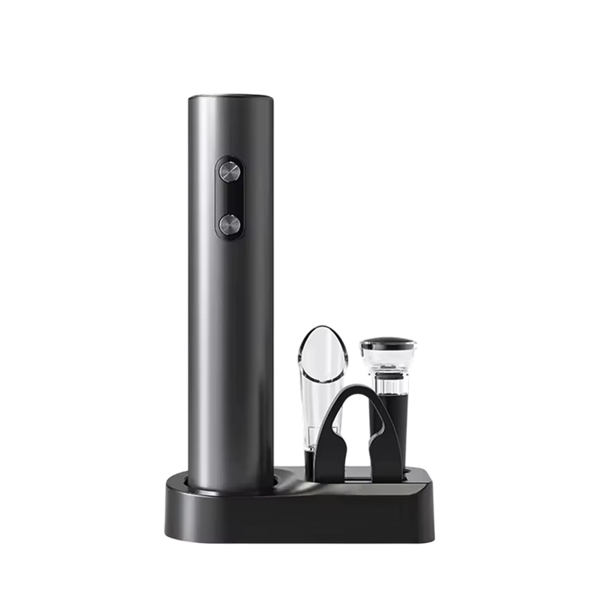 EnziVine 5-Piece Electric Wine Opener Set with 8-Second Rapid Extraction, Vacuum Preserver and Elegant Storage Base